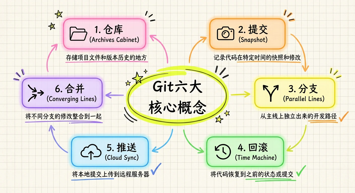 Git 六个核心概念：仓库、提交、分支、回滚、推送、合并，各配一句话