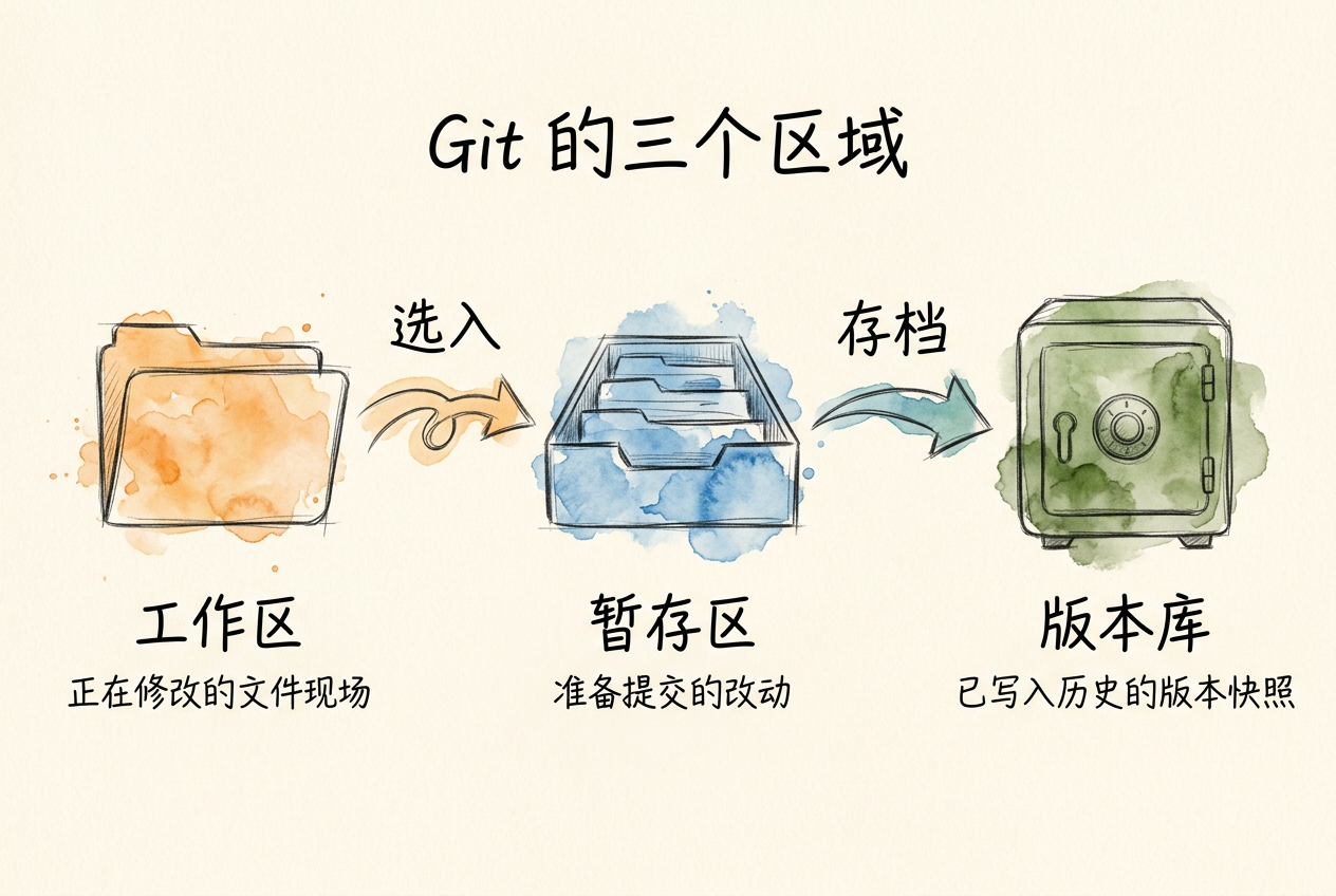 工作区（文件夹）选入暂存区（抽屉），存档进版本库（保险柜）