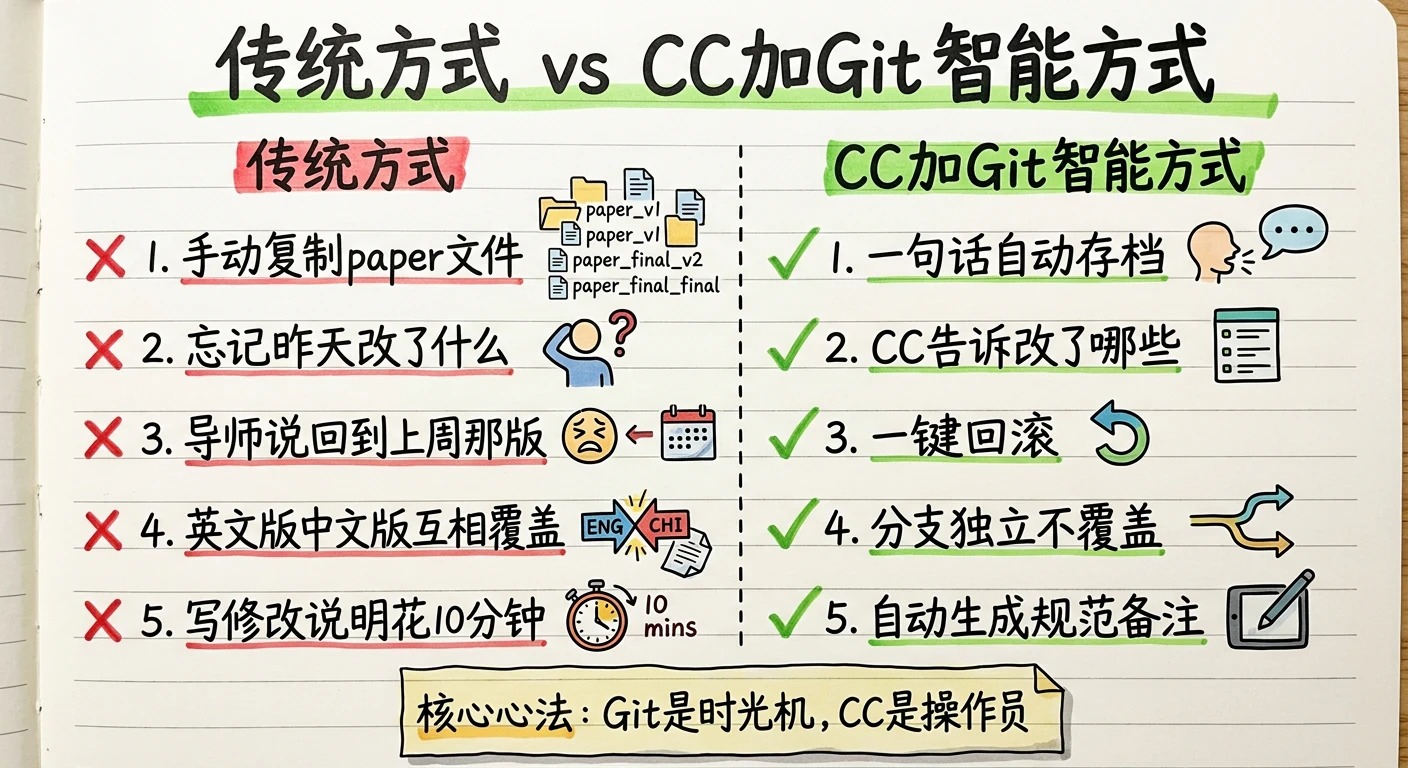 传统方式与 Claude Code 加 Git 的对比：手动复制文件、忘记改了什么、找不回上周那版，对比一句话存档、报告改了哪些、回到已提交的版本