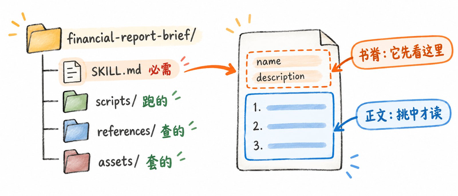 技能文件夹：SKILL.md 必需；scripts/ 跑的、references/ 查的、assets/ 套的；SKILL.md 上半是书脊（name、description），下半是正文（挑中才读）