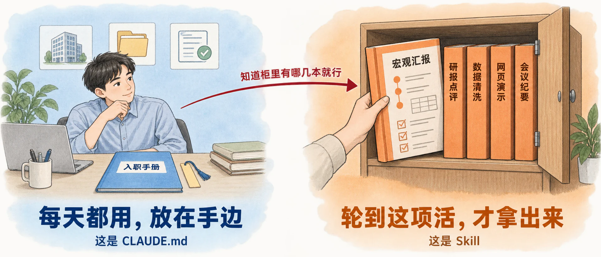 左：新员工桌上摊开入职手册，每天都用，放在手边，这是 CLAUDE.md；右：文件柜里五本作业指导书（宏观汇报、研报点评、数据清洗、网页演示、会议纪要），抽出宏观汇报那本，轮到这项活才拿出来，这是 Skill