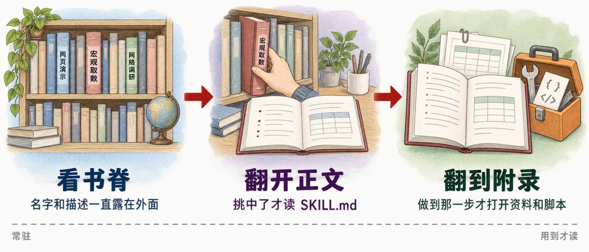 三站：看书脊（名字和描述一直露在外面）→ 翻开正文（挑中了才读 SKILL.md）→ 翻到附录（做到那一步才打开资料和脚本）