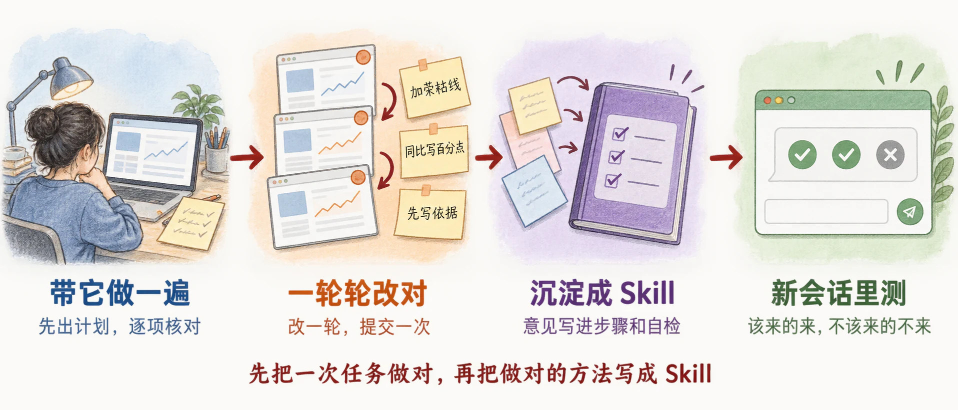 四站：带它做一遍（先出计划，逐项核对）→ 一轮轮改对（改一轮，提交一次）→ 沉淀成 Skill（意见写进步骤和自检）→ 新会话里测（该来的来，不该来的不来）