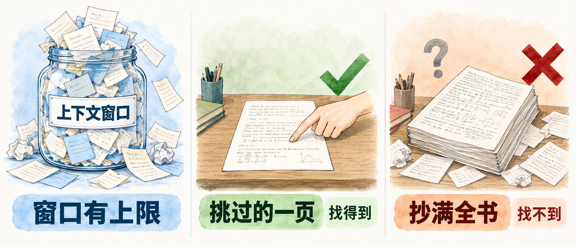 三格图：装满纸条的玻璃罐标“窗口有上限”；挑过的一页纸，找得到；抄满全书的厚稿，找不到