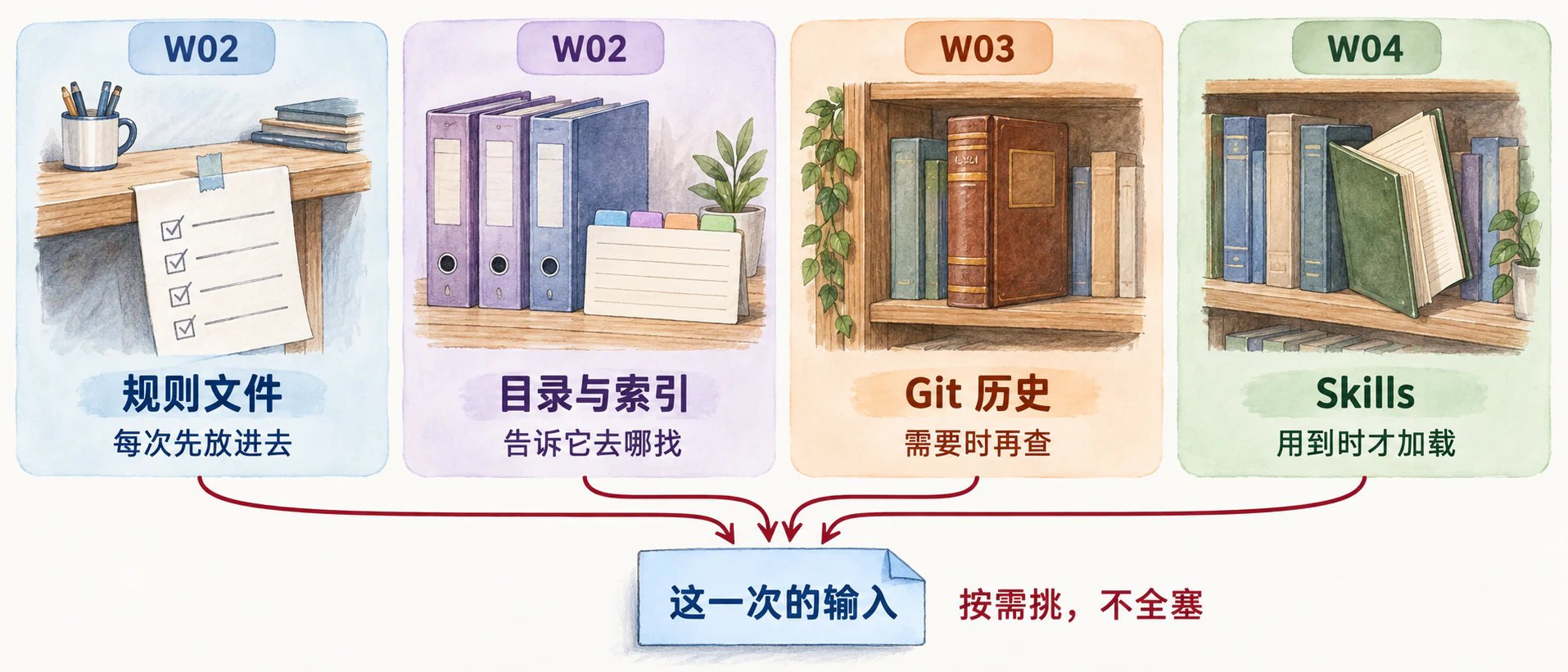 四格回顾：W02 规则文件、W02 目录与索引、W03 Git 历史、W04 Skills，四条箭头汇到“这一次的输入”，旁注按需挑，不全塞
