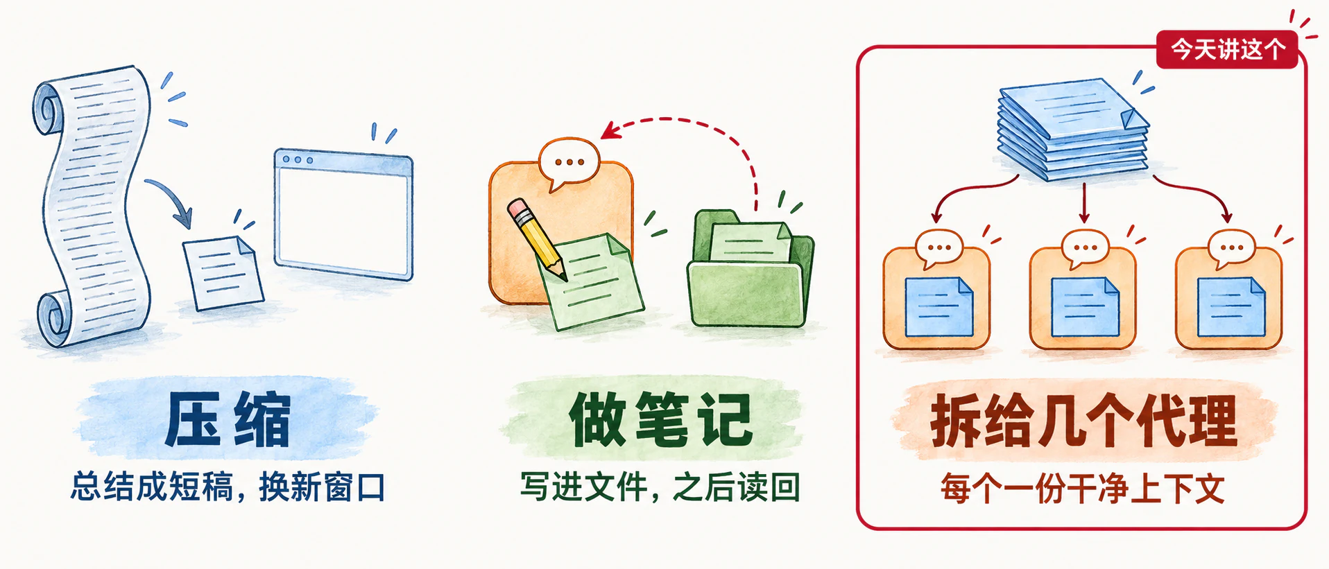 三格图：压缩，总结成短稿换新窗口；做笔记，写进文件之后读回；拆给几个代理，每个一份干净上下文