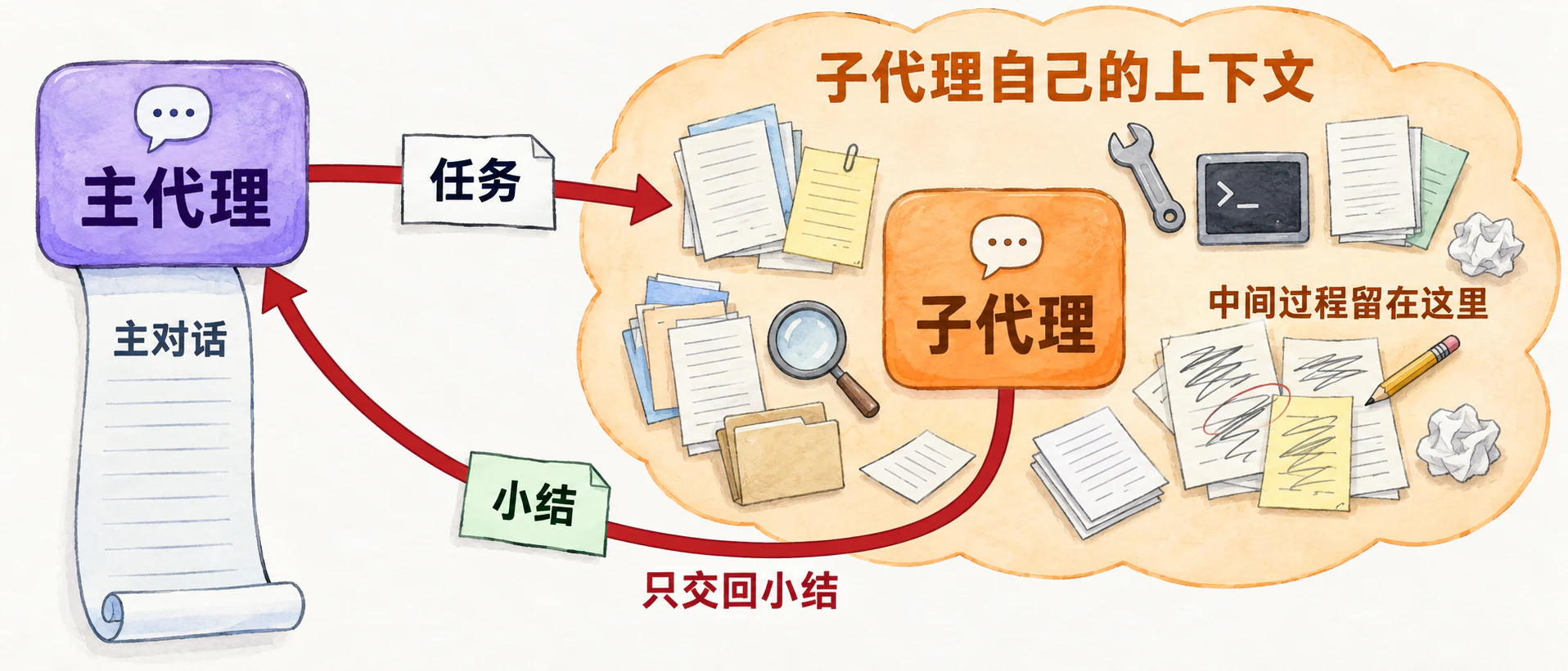 主代理把任务派给子代理；子代理在自己的上下文里读文件、用工具，中间过程留在这里，只交回小结
