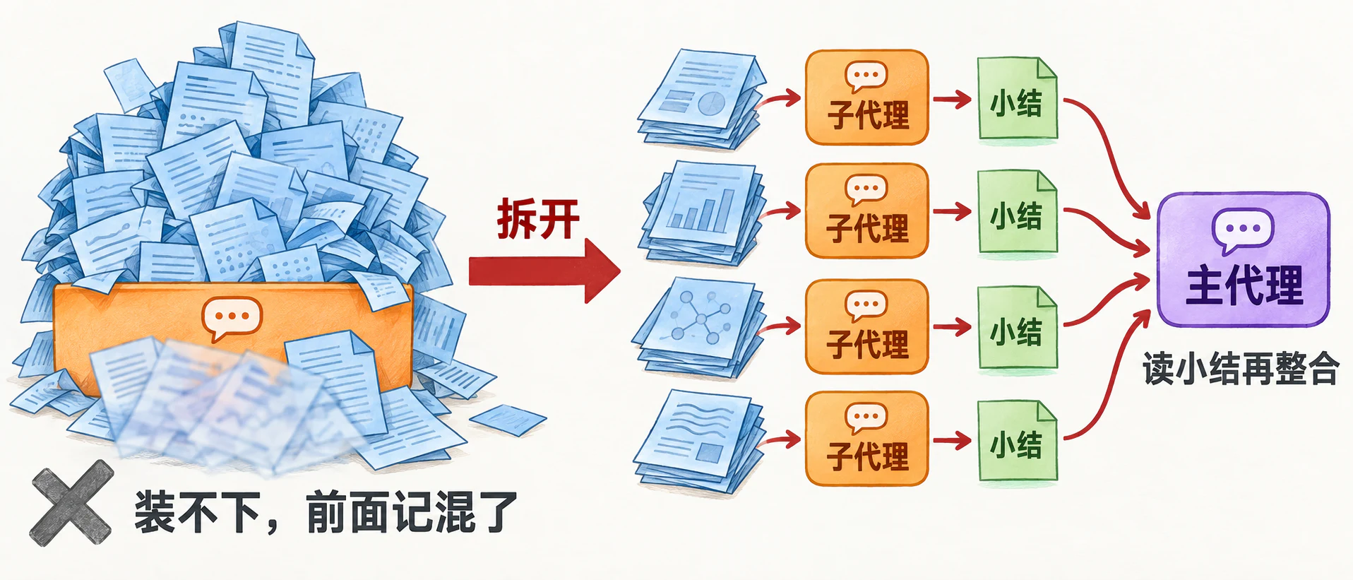 左边一个代理被成堆文献压住，前面记混了；拆开后四摞材料各交给一个子代理，各写小结，主代理读小结再整合