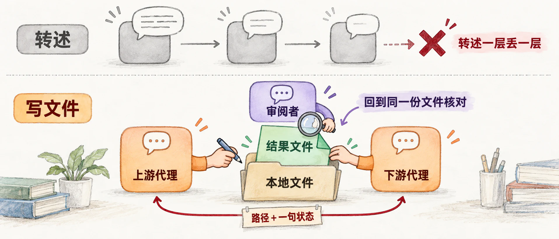 上方：转述一层丢一层；下方：上游代理把结果写进本地文件，下游代理打开同一份文件，审阅者回到同一份文件核对，中间只传路径和一句状态