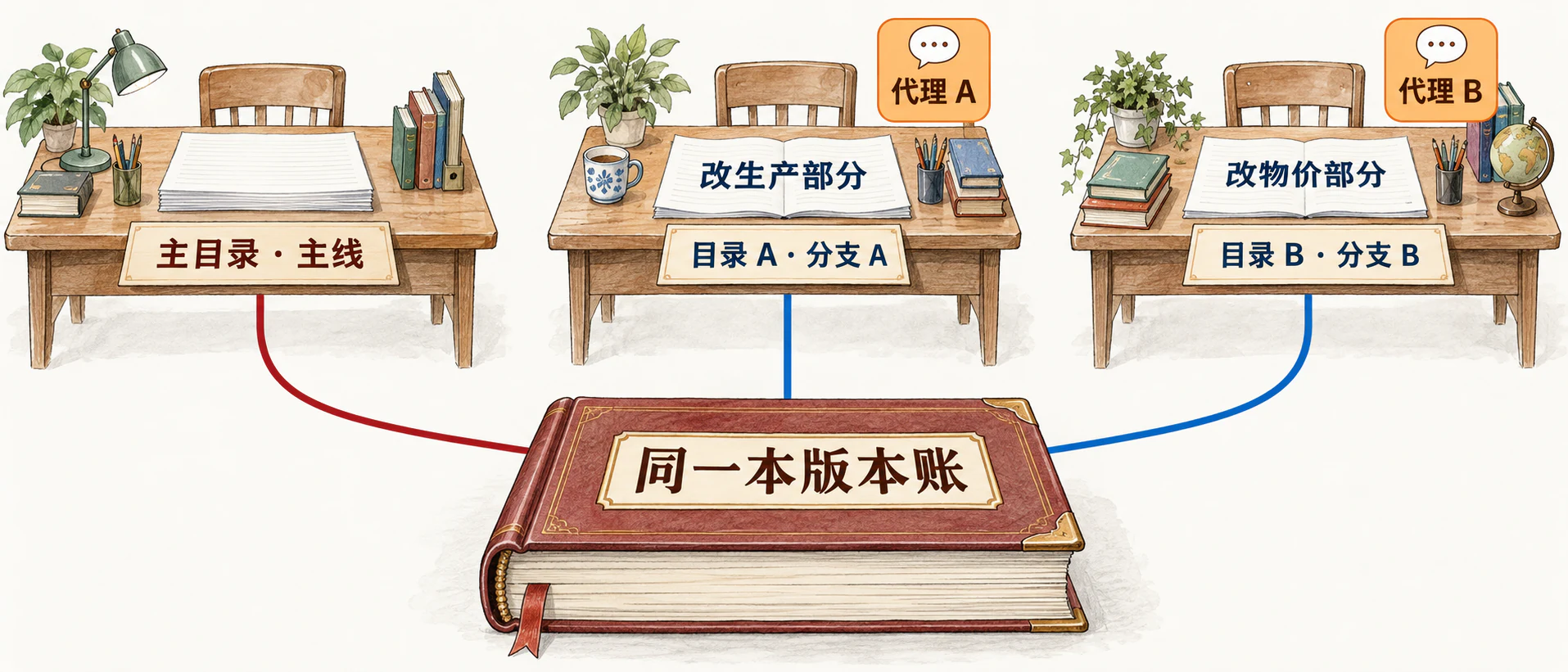 三张书桌：主目录与主线、目录 A 与分支 A（代理 A 改生产部分）、目录 B 与分支 B（代理 B 改物价部分），三条线连到同一本版本账
