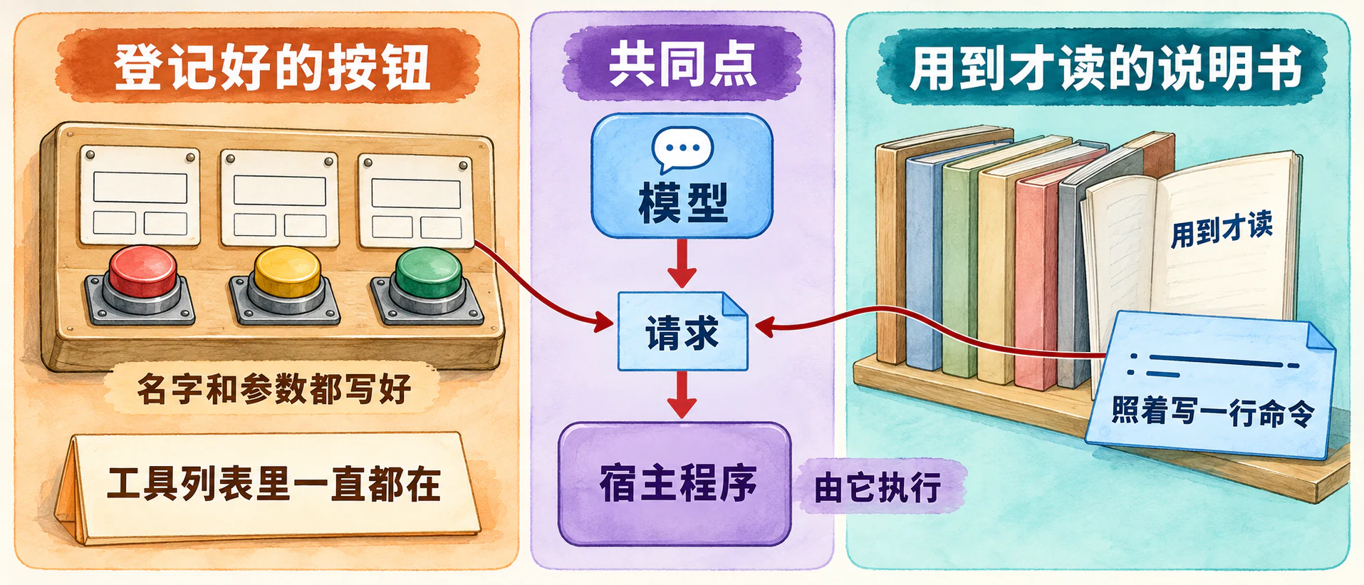 MCP 像登记好的按钮，CLI＋Skill 像用到才读的说明书，两者都由客户端执行