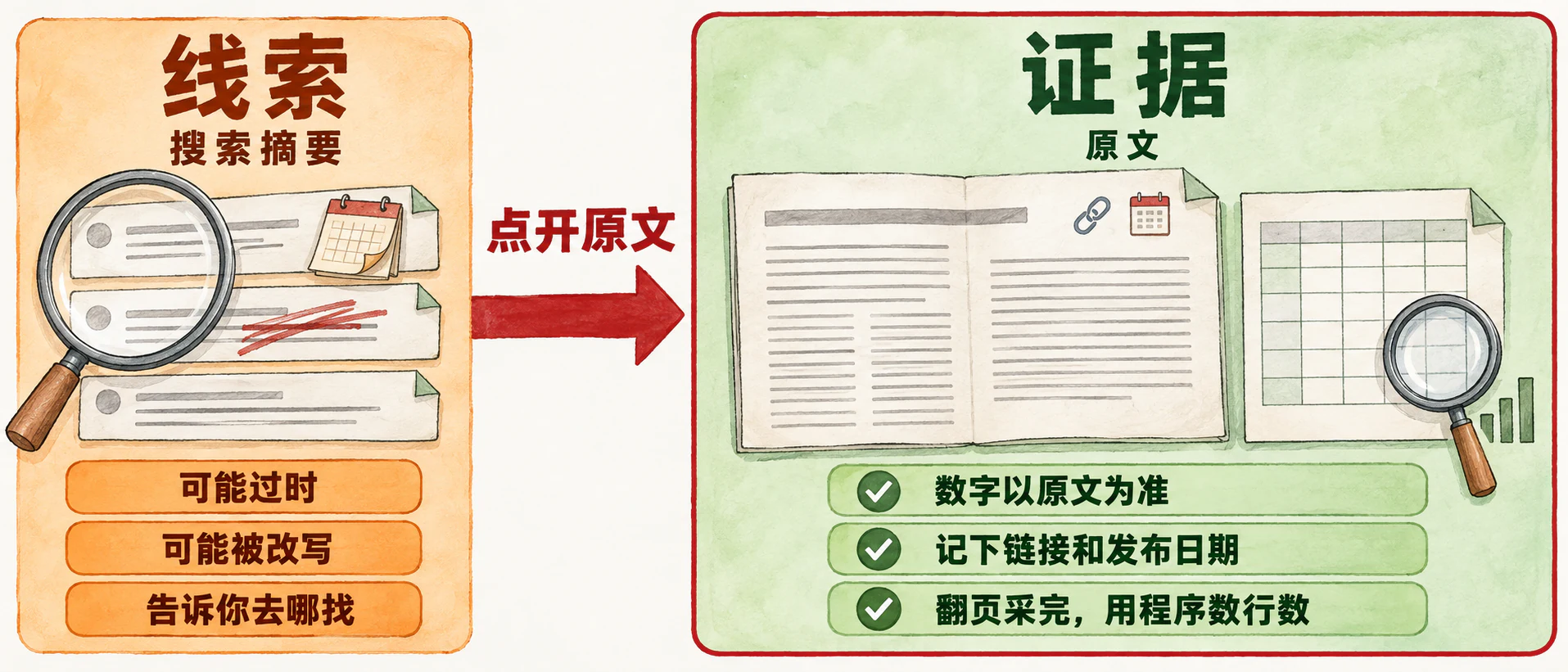 左：搜索摘要是线索，可能过时、被改写；右：原文是证据，数字以原文为准、记下链接和发布日期