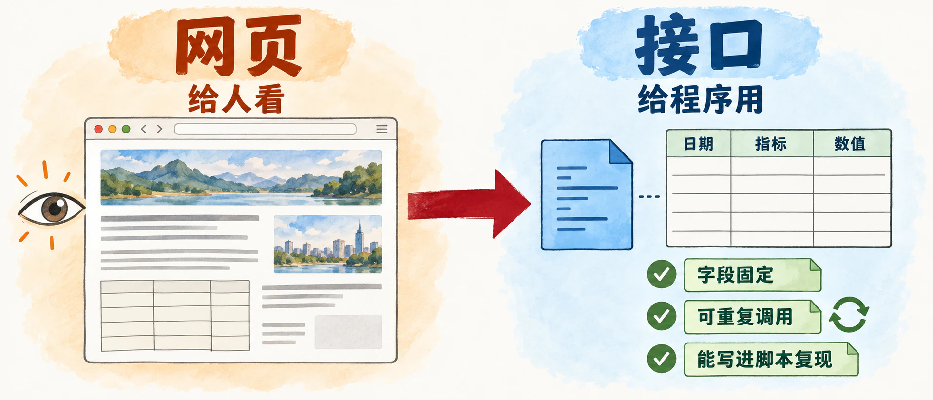 左：网页上的表格给人看；右：接口返回字段固定的数据表给程序用