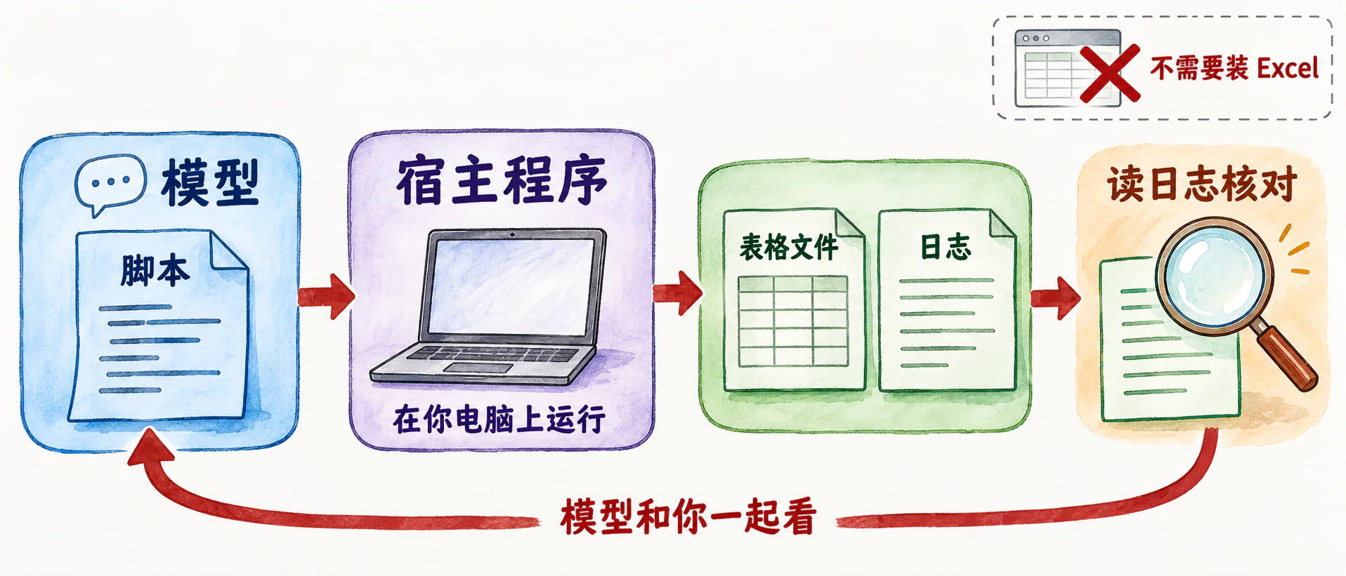 模型写脚本，客户端在本机运行 Python，输出 Excel 文件和日志，再回到模型