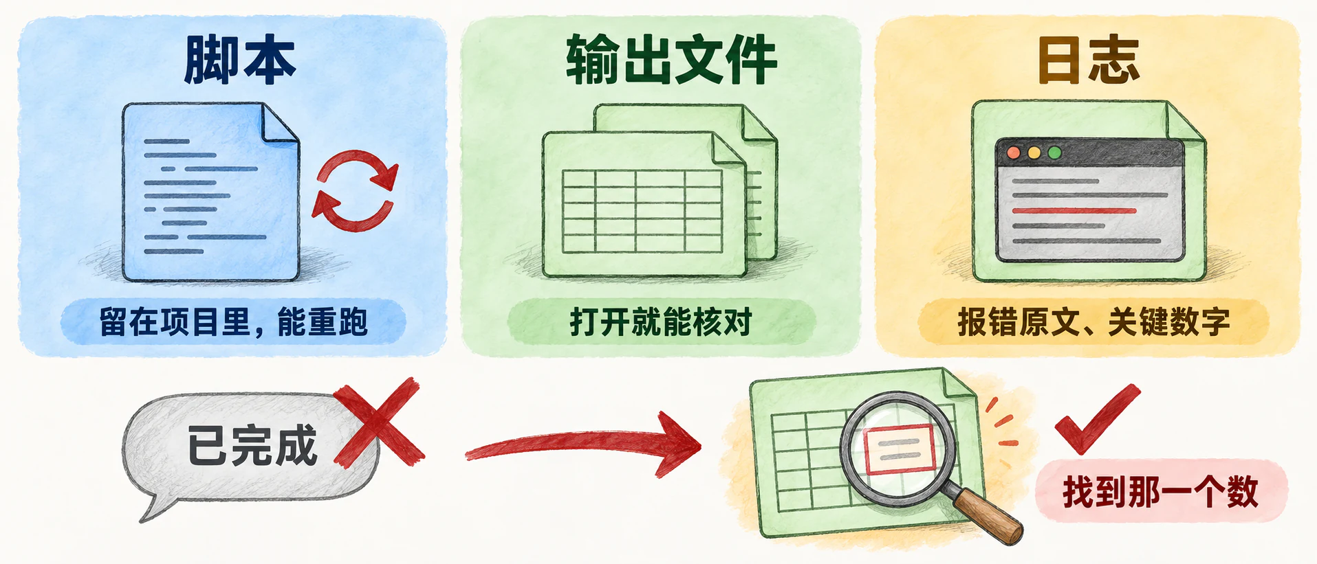 脚本留在项目里能重跑，输出文件打开就能核对，日志里有报错原文和关键数字；验收不看“已完成”，找到那一个数