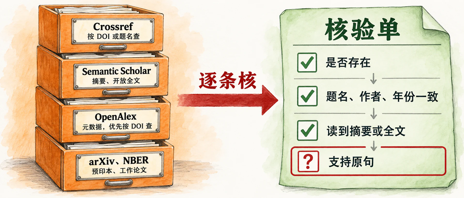 左：Crossref、Semantic Scholar、OpenAlex、arXiv 与 NBER 四个库；右：核验单四项：是否存在、题名作者年份一致、读到摘要或全文、支持原句