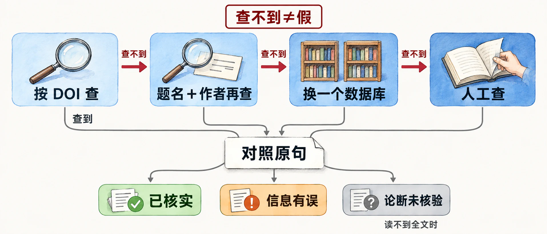 判断流程：查到或查不到，换查法、换来源、转人工，三种结论标签