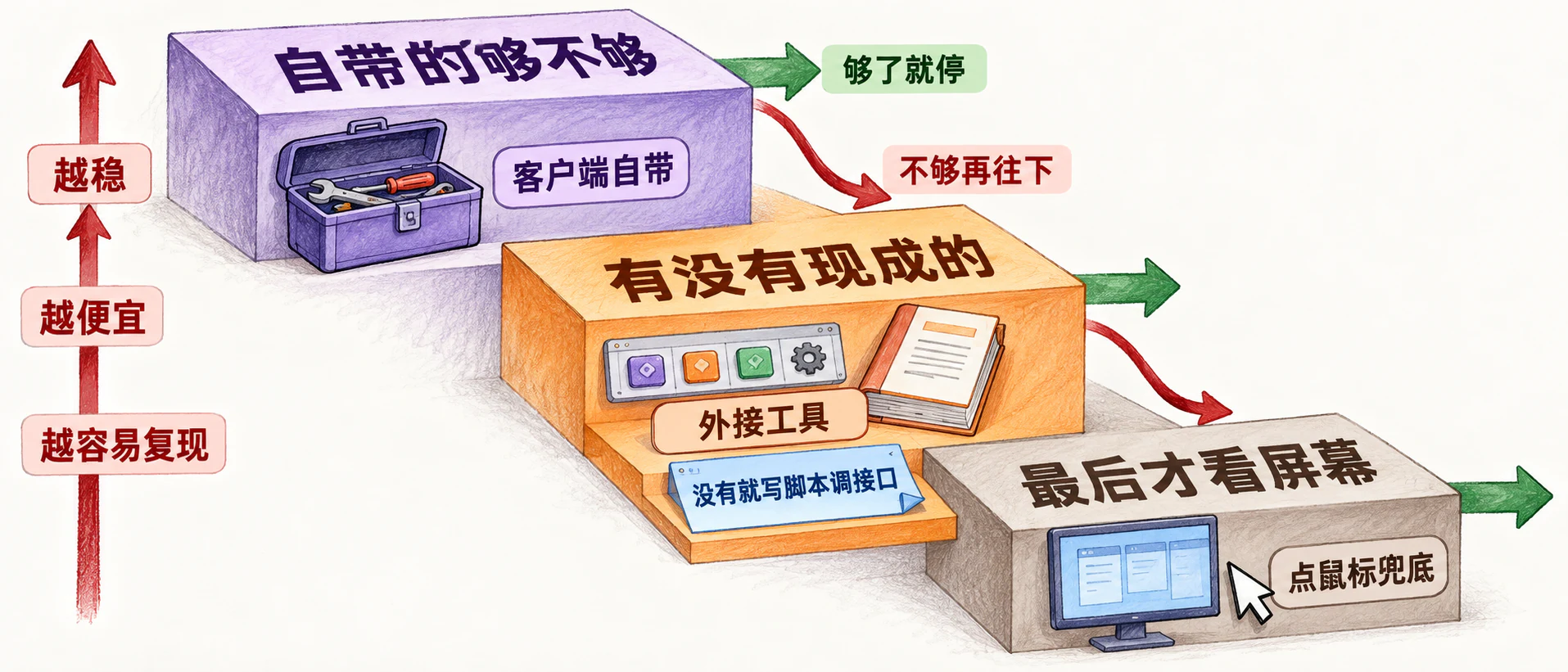 三级阶梯：客户端自带、外接工具、看屏幕点鼠标