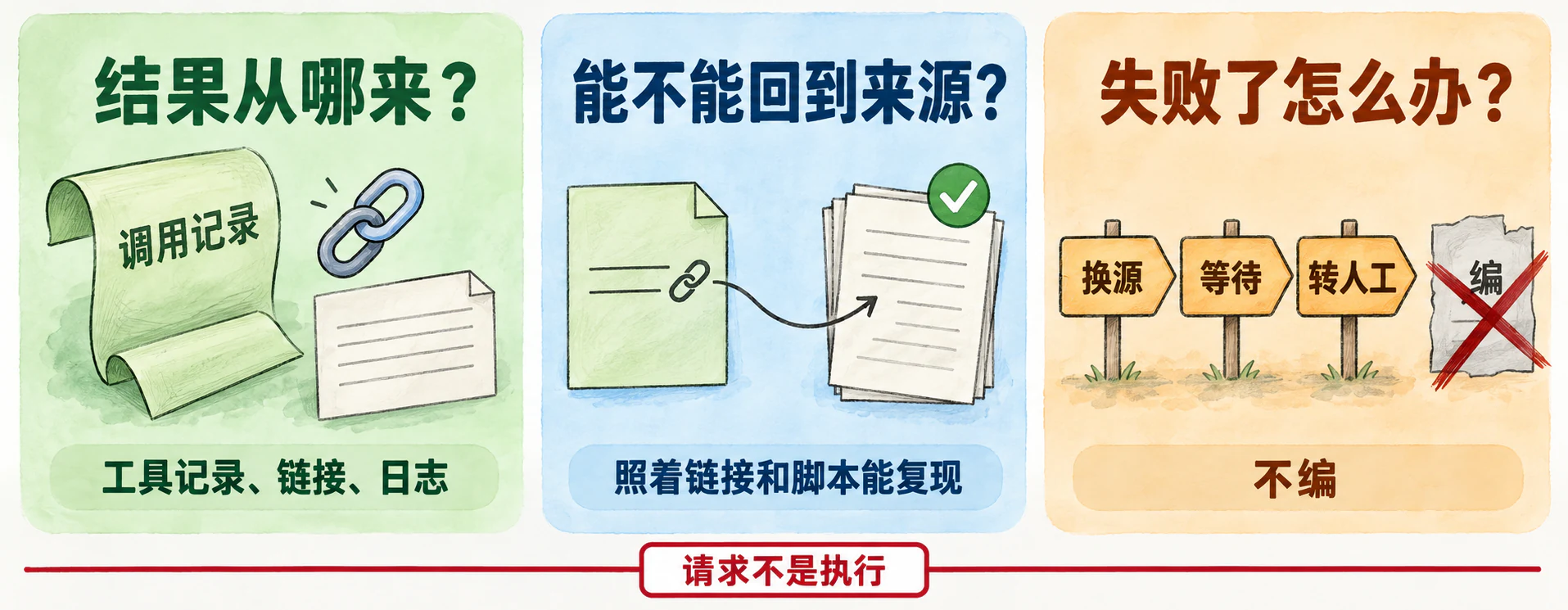 三问：结果从哪来（工具记录、链接、日志）；能不能回到来源（照着链接和脚本能复现）；失败了怎么办（换源、等待、转人工，不编）