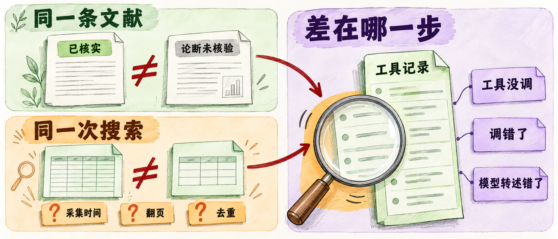 同一条文献判断不同、同一次搜索采到的行数不一样，翻工具记录找差在哪一步：工具没调、调错了，还是模型转述错了