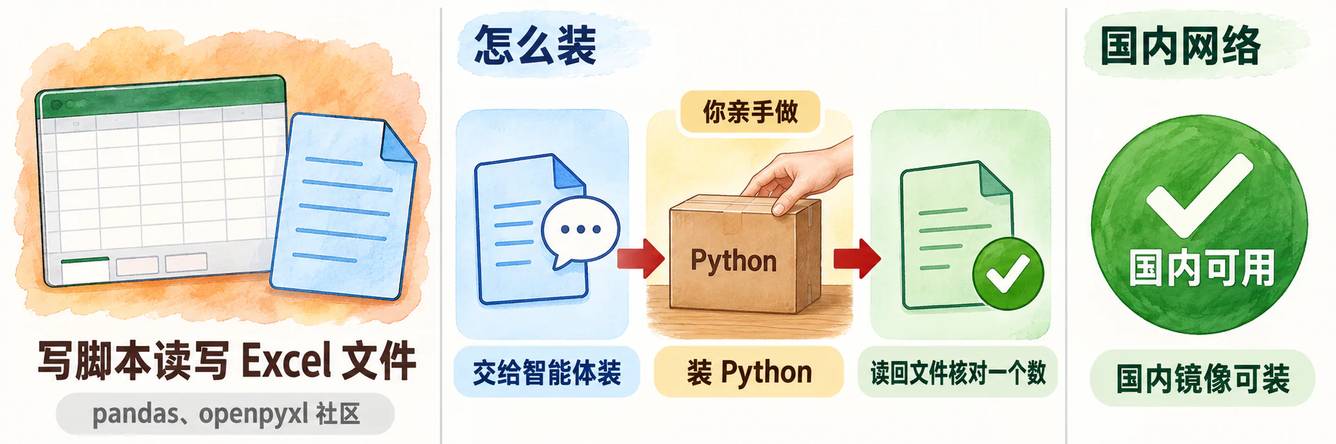 Python 读写 Excel：pandas 与 openpyxl：它替你做什么、三步安装、国内网络情况