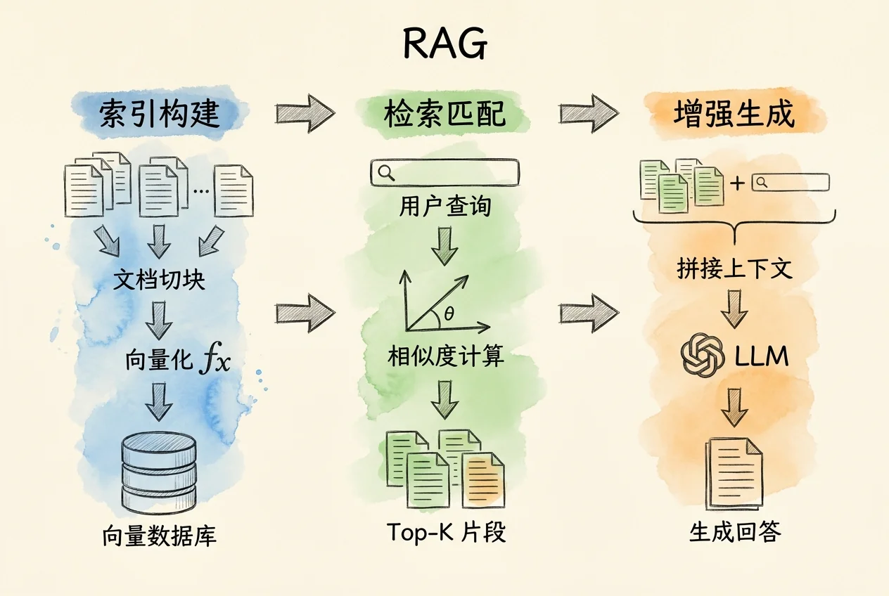 RAG 三段：索引构建（文档切块、向量化、向量数据库）、检索匹配（用户查询、相似度计算、Top-K 片段）、增强生成（拼接上下文、LLM、生成回答）