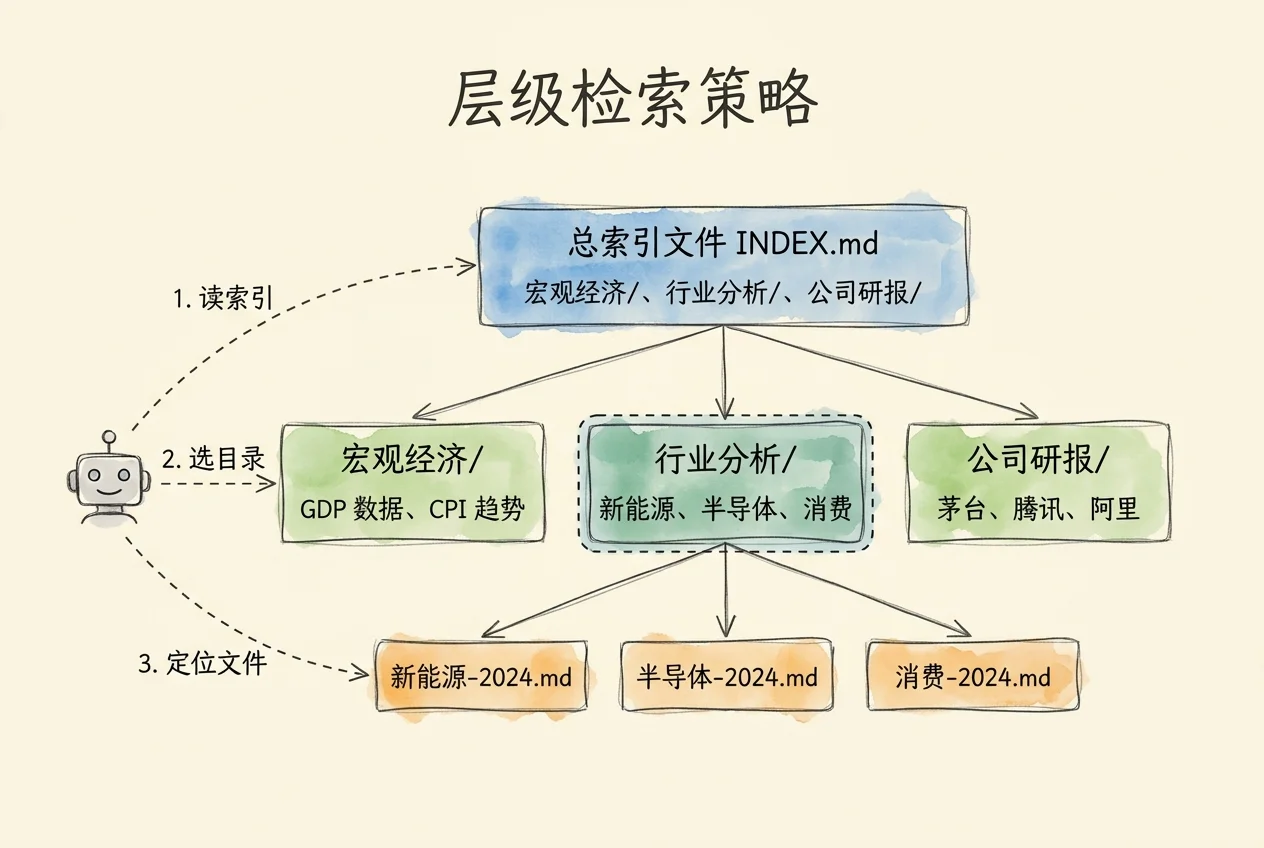 层级检索策略：智能体 1 读总索引，2 选目录（宏观经济、行业分析、公司研报），3 定位文件