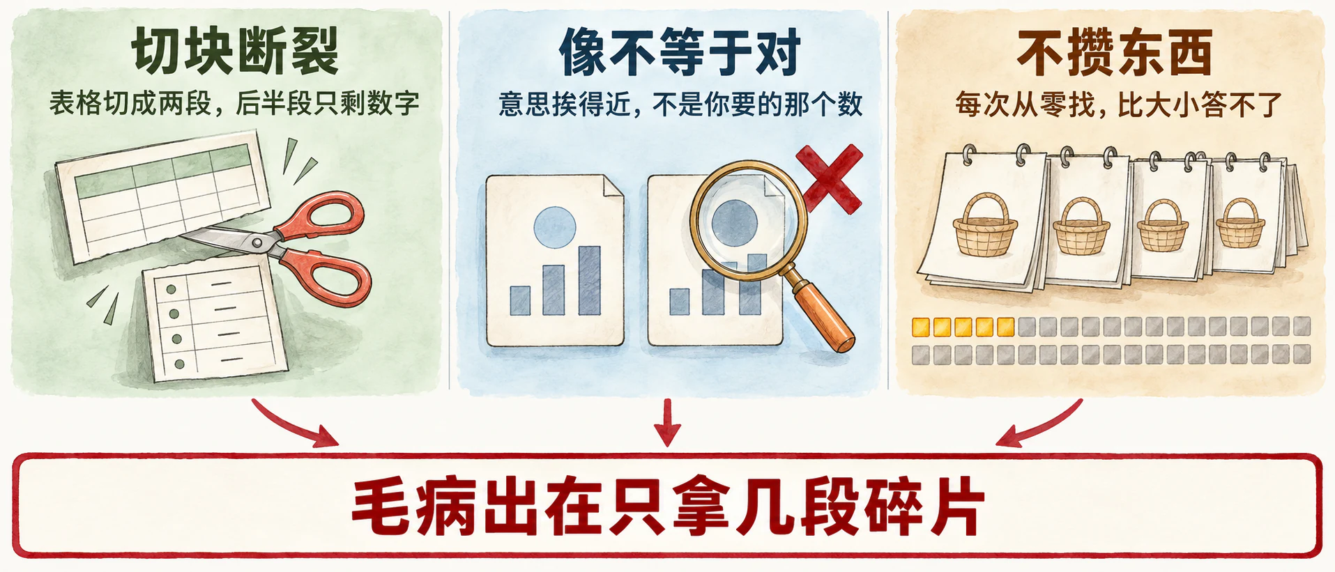 三格：表格被剪开只剩数字；放大镜对准了相似但错的卡片；每天翻页篮子都是空的，30 格只亮 5 格；毛病出在只拿几段碎片