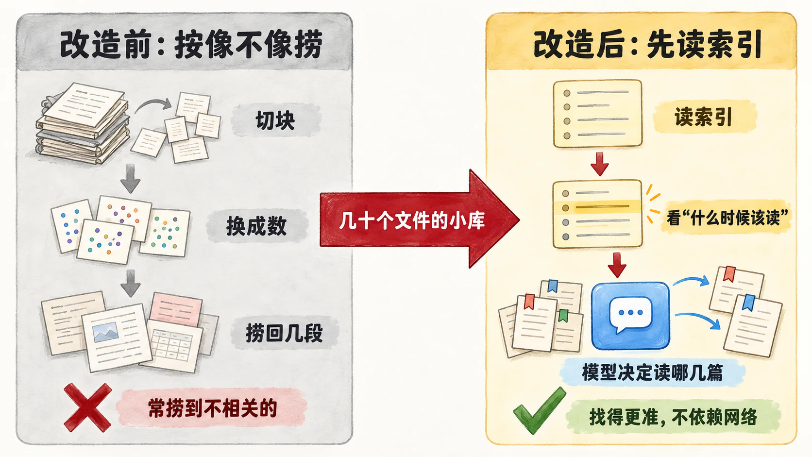 同一个几十个文件的小库：改造前切块、换成向量、按像不像召回几段，常召回不相关的；改造后读索引、看什么时候该读、模型决定读哪几篇，找得更准，不依赖网络