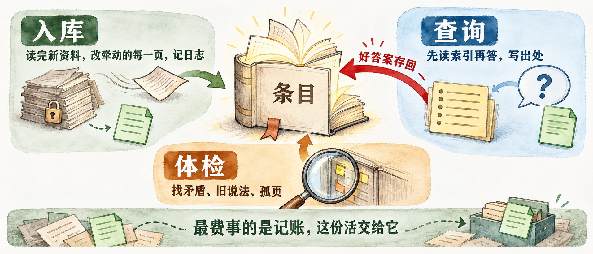 三个动作围着条目转：入库改牵动的每一页、查询先读索引再答并把好答案存回、体检找矛盾旧说法孤页；最费事的是记账，这份活交给它