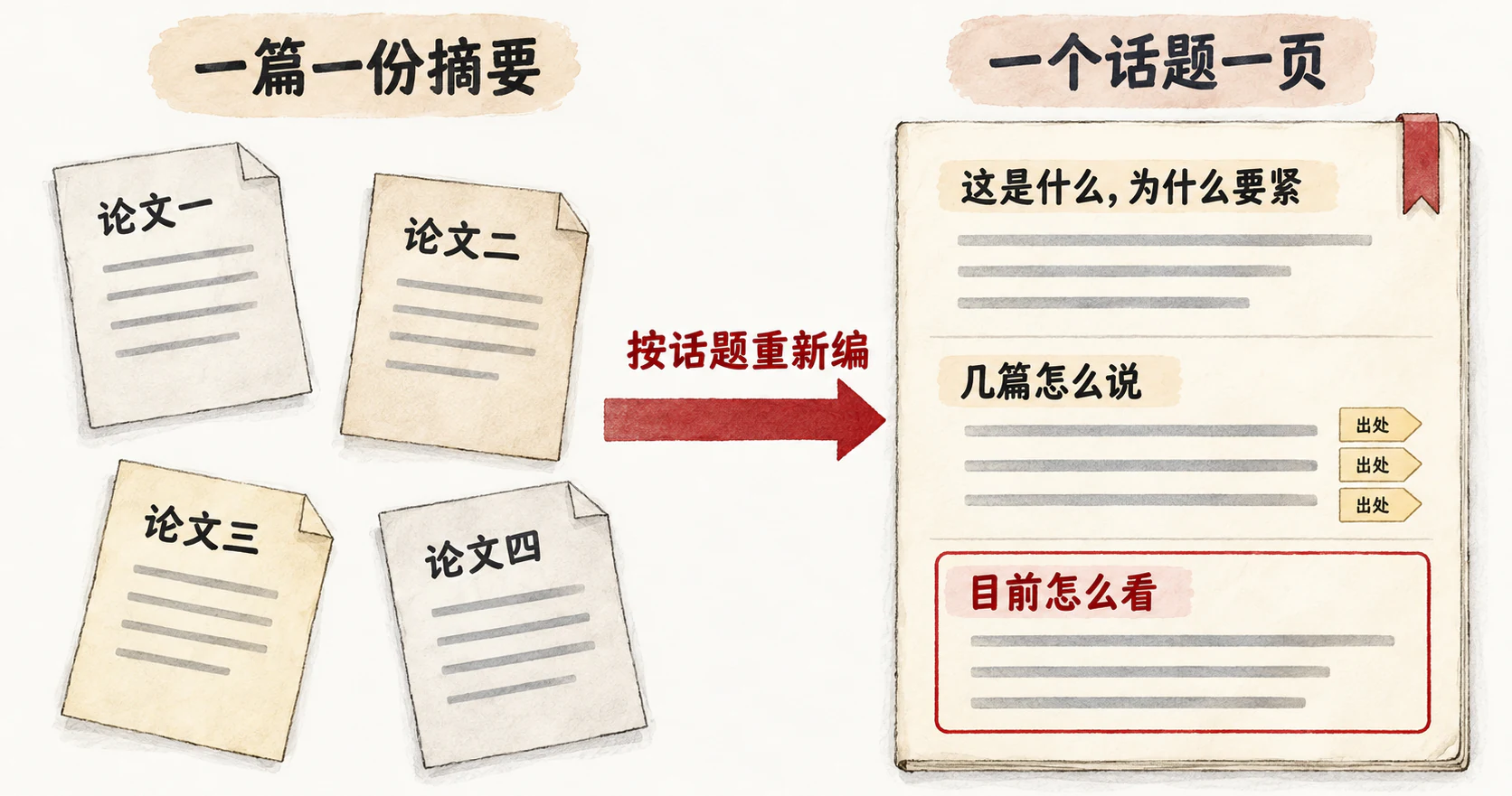 左：一篇一份摘要，四张互不相连的论文卡；右：一个话题一页，分这是什么为什么要紧、几篇怎么说（每行挂出处）、目前怎么看