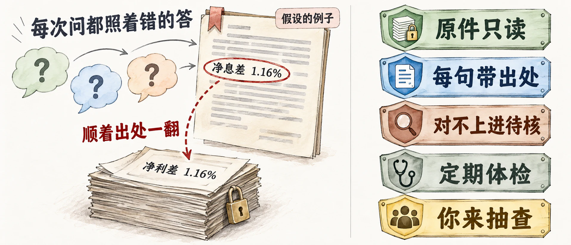 左：假设的例子，条目里写“净息差 1.16%”，每次问都照着错的答，顺着出处一翻，原件写的是“净利差 1.16%”；右：五道防线
