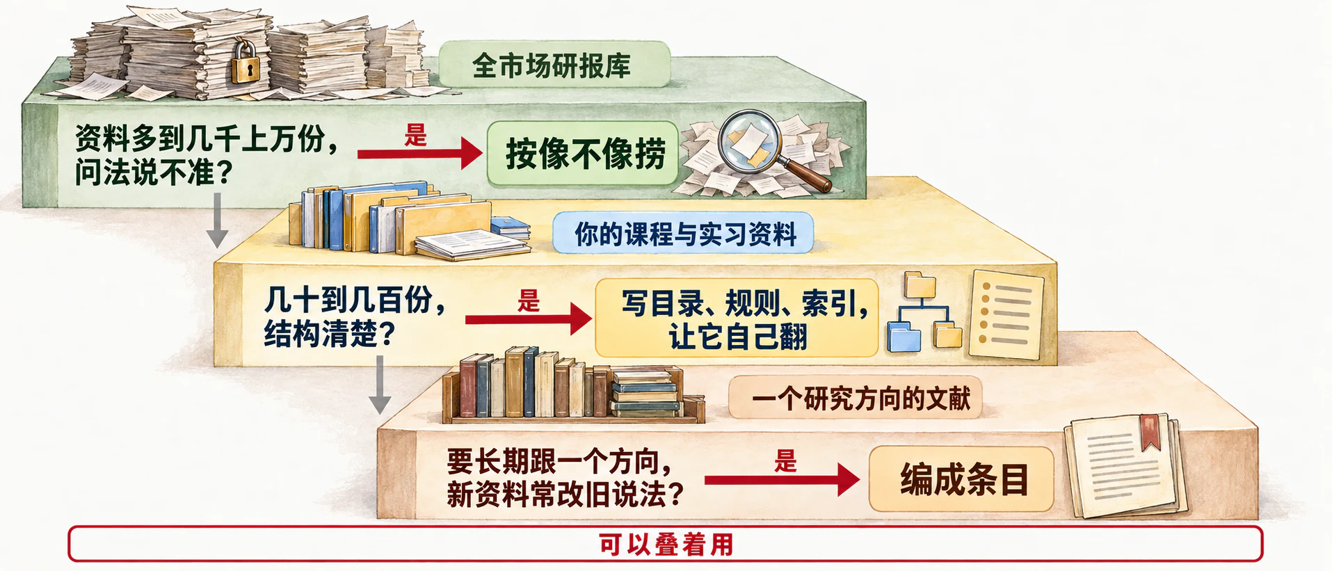 三级台阶：资料多到几千上万份问法说不准，是则按像不像召回（全市场研报库）；几十到几百份结构清楚，是则写目录规则索引让它自己翻（你的课程与实习资料）；要长期跟一个方向新资料常改旧说法，是则编成条目（一个研究方向的文献）；可以叠着用