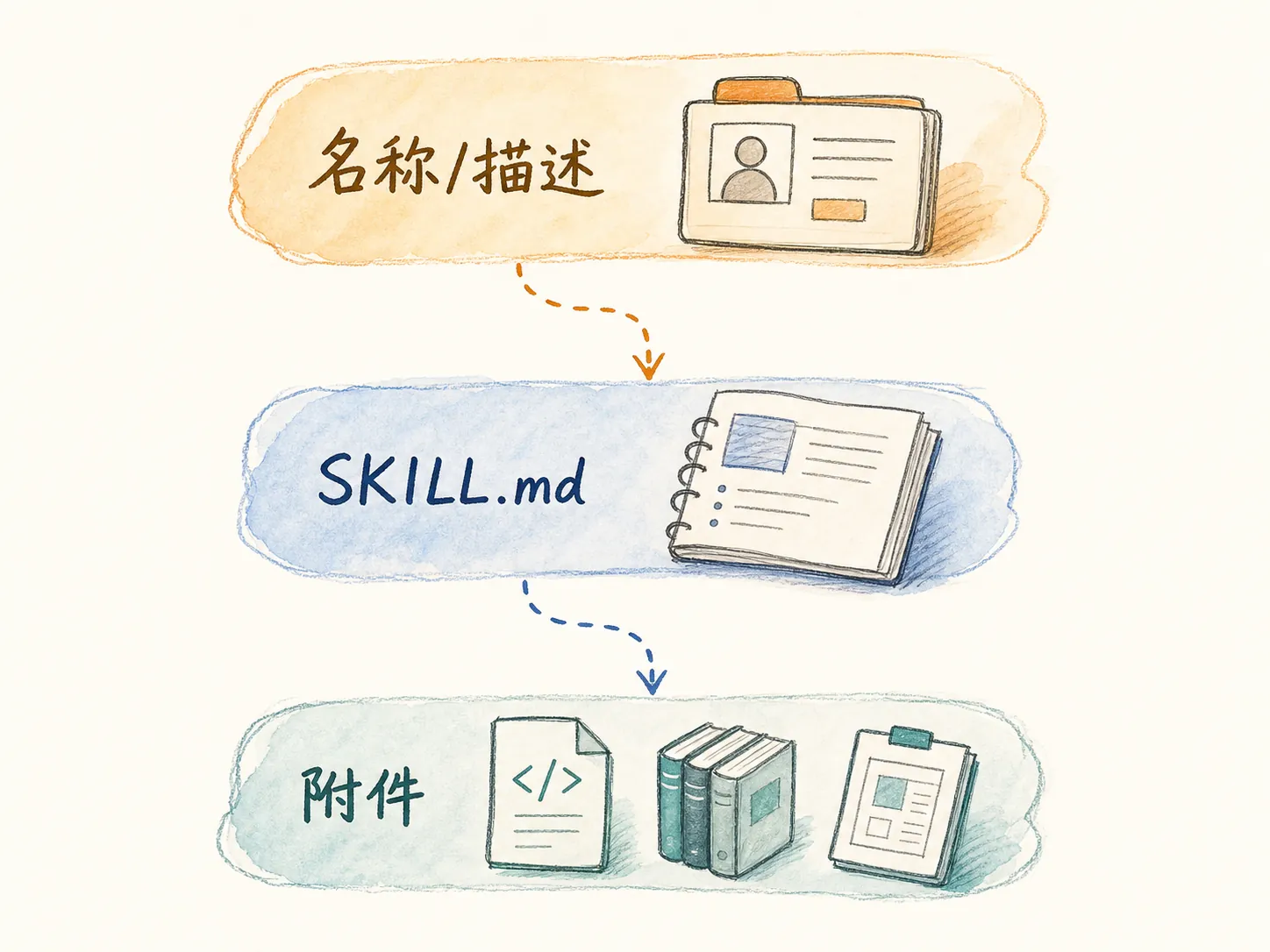 Skill 名称描述、SKILL.md 正文、附件三层按需加载手绘图