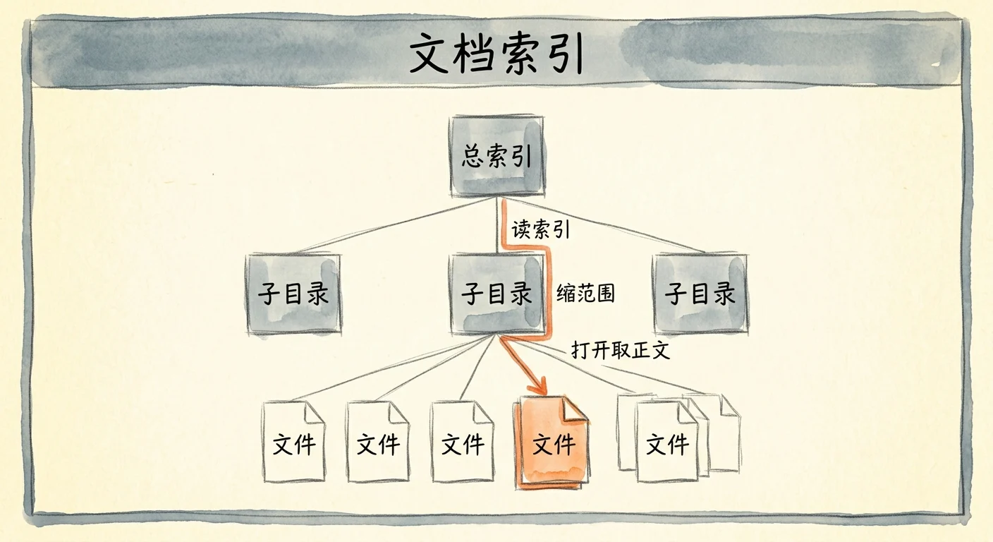 文档索引引导的 Agentic Search：读索引 → 缩范围 → 打开取正文