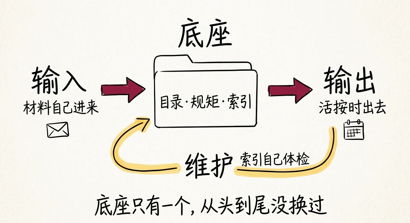 中台四件事：输入（材料自己进来）→ 底座（目录·规矩·索引）→ 输出（活按时出去），下方维护回流；底座只有一个，从头到尾没换过