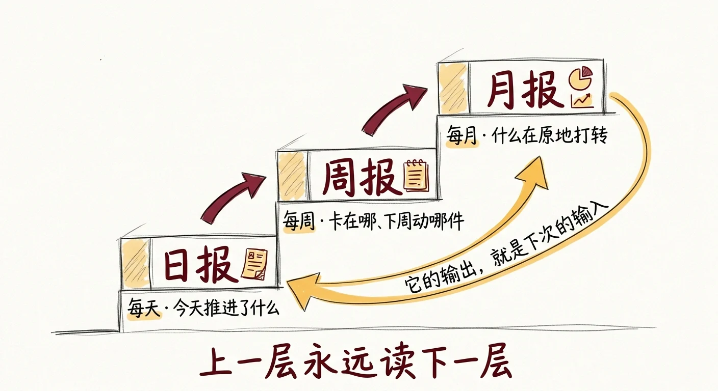 日报 → 周报 → 月报三级台阶，输出回流成为下次的输入；上一层永远读下一层